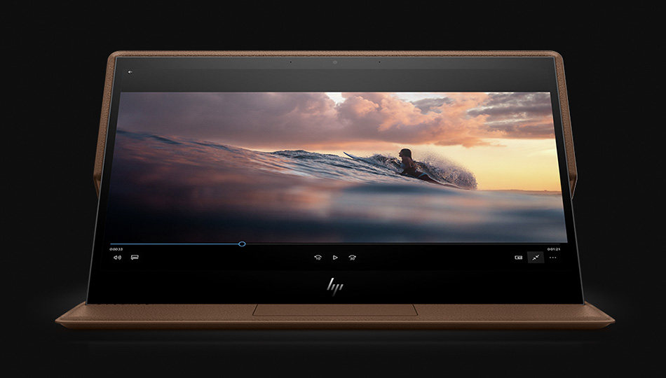 Front facing spectre folio in forward mode with image of surfer on screen